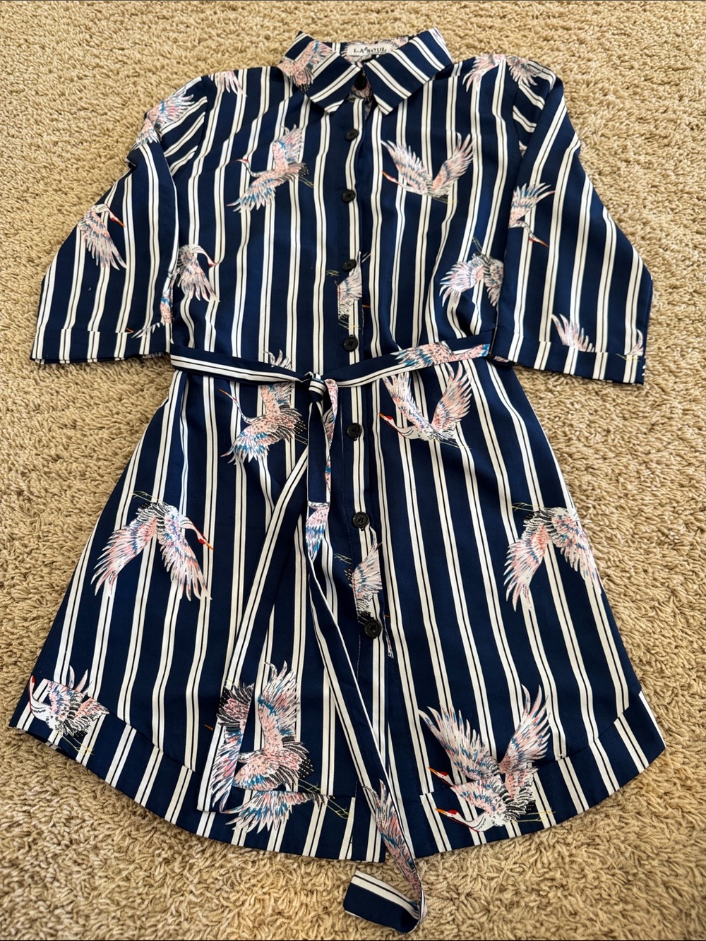 L.A. Soul Womens Navy Striped Button-Front Shirt Dress Cover-up Crane Print, M